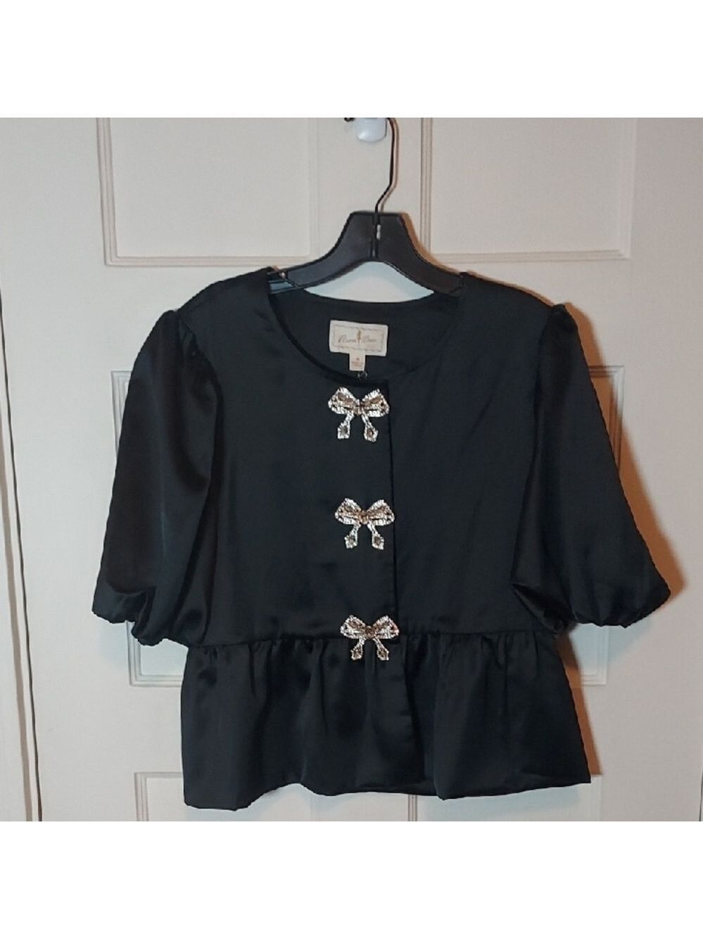 Flora Bea Kaden Top Ebony Satin Jeweled Bow Jacket Medium